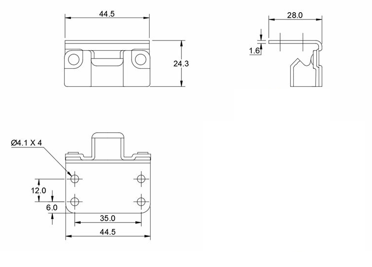 Catch plate, electro zinc plated and yellow chromated steel, angle mounting, L=24,3mm, B=44,5mm, H=28mm