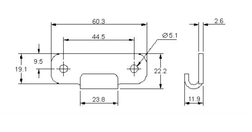 Catch plate, electrophoretic black paint steel, flat mounting, L=22,2mm, B=60,3mm, H=11,9mm