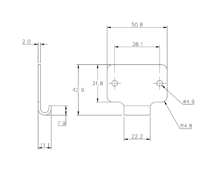 Catch plate, untreated stainless steel, flat mounting, L=42,9mm, B=50,8mm, H=11,1mm