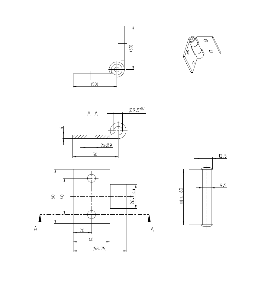 Butt hinge w/holes, steel, L=60, B=100, T=4