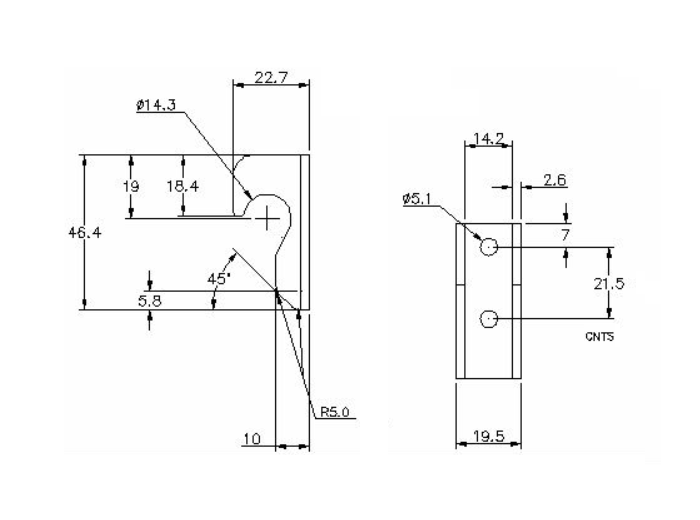 Catch plate, electro zinc plated steel, flat mounting, L=46,4mm, B=19,5mm, H=22,7mm