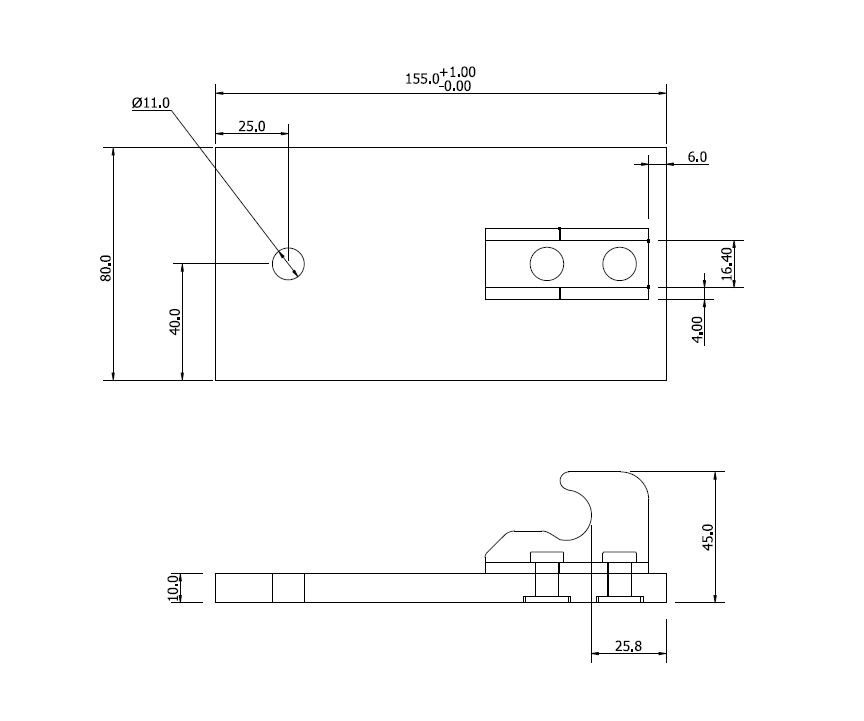Catch plate, electro zinc plated steel, flat mounting, L=56,3mm, B=24,4mm, H=35mm