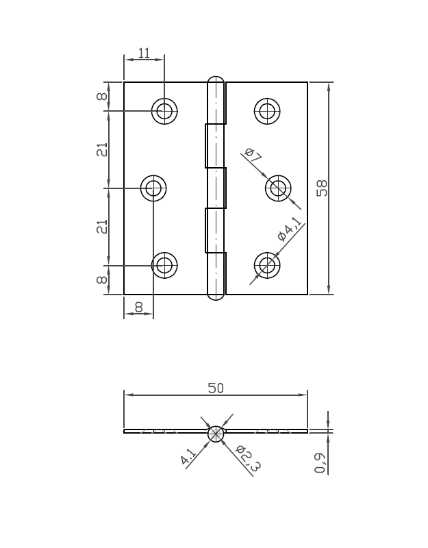 Butt hinge w/holes, stainless steel, L=58, B=50, T=0,9