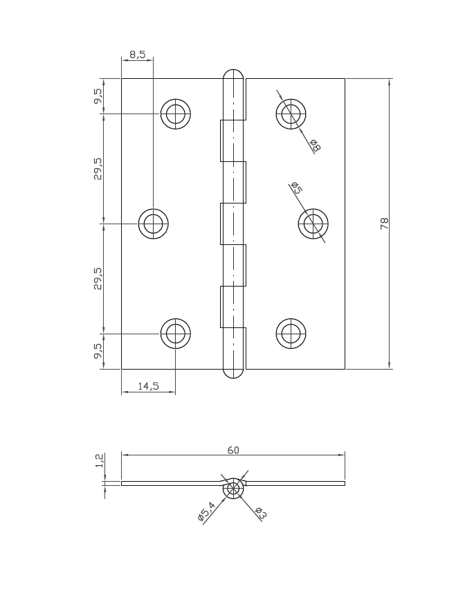 Butt hinge w/holes, stainless steel, L=78, B=60, T=1,2