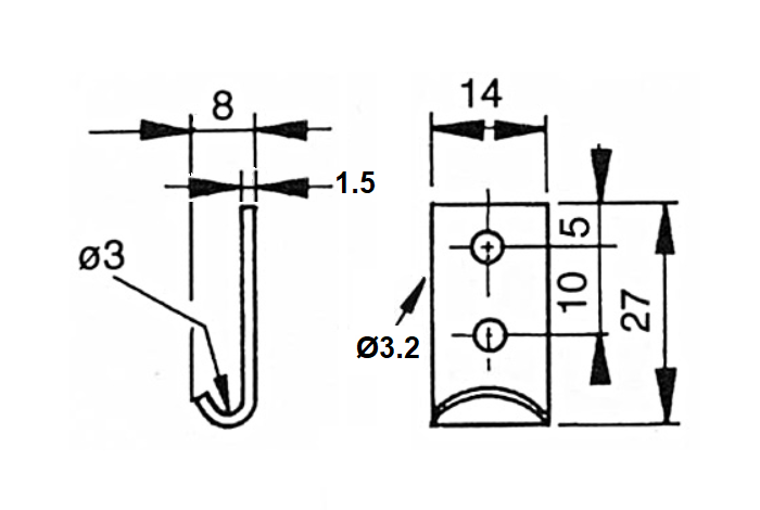 Catch plate, ubehandlet stainless steel, flat mounting, L=27mm, B=14mm, H=8mm