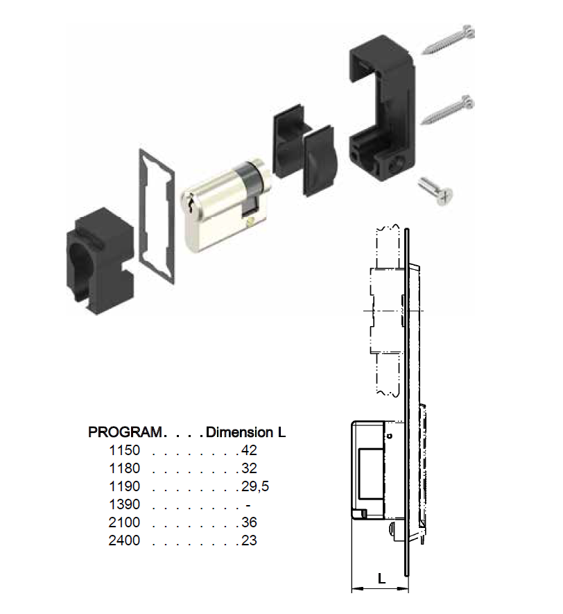 Locking set, glass fiber reinforced polyamide, square 6