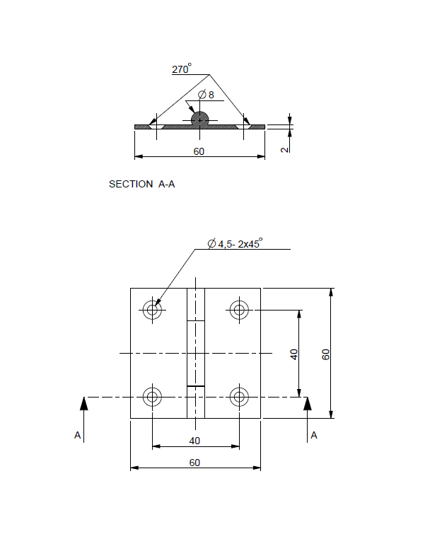 Butt hinge w/holes, stainless steel, L=60, B=60, T=2