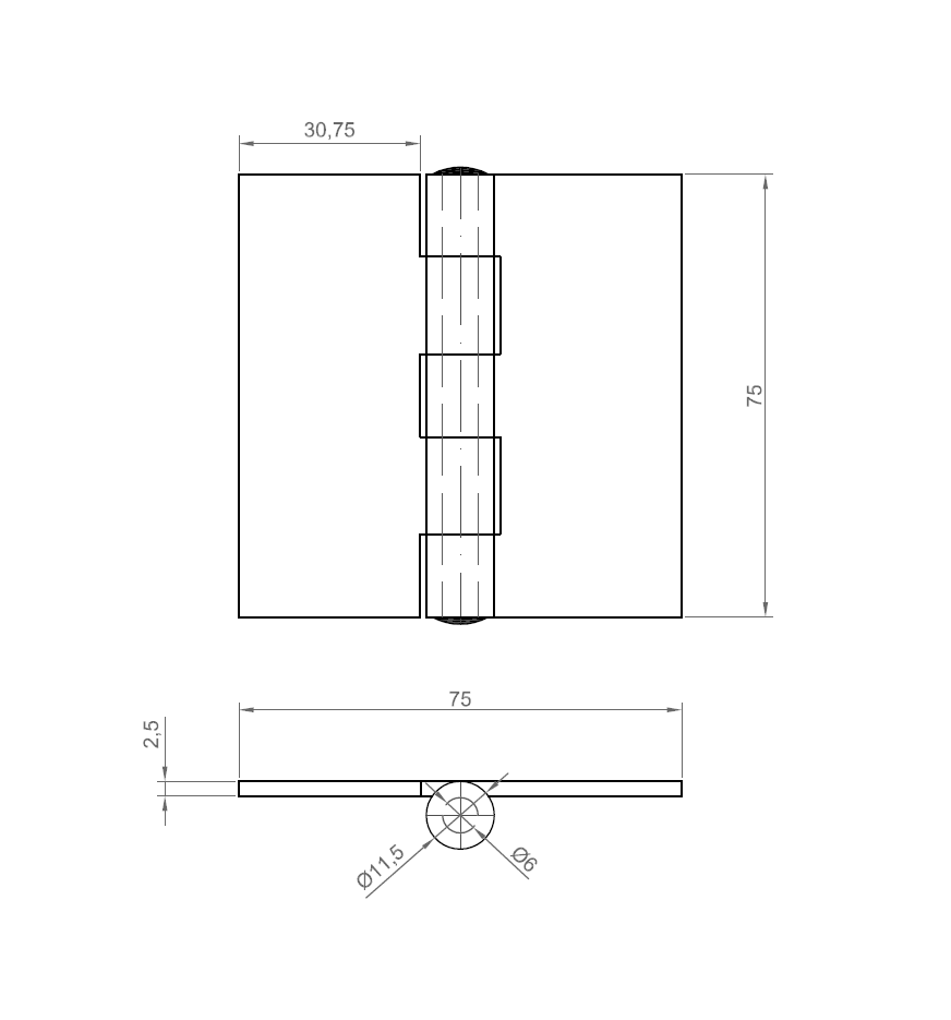 Butt hinge w/o holes, acid proof stainless steel, L=75, B=75, T=2,5