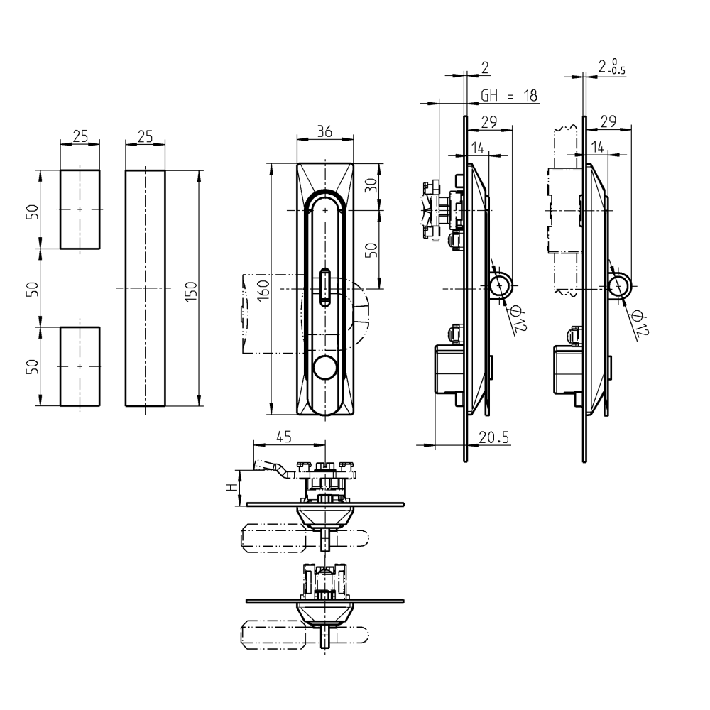Swinghandle, die-cast zinc, push button, L=160, B=36, H=29, Plate thickness=1-3