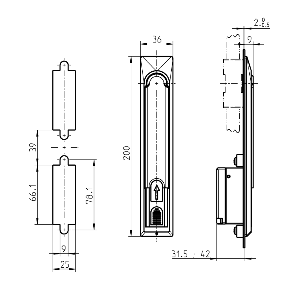Swinghandle, die-cast zinc, locking set, L=200, B=36, H=9, Plate thickness=2-2