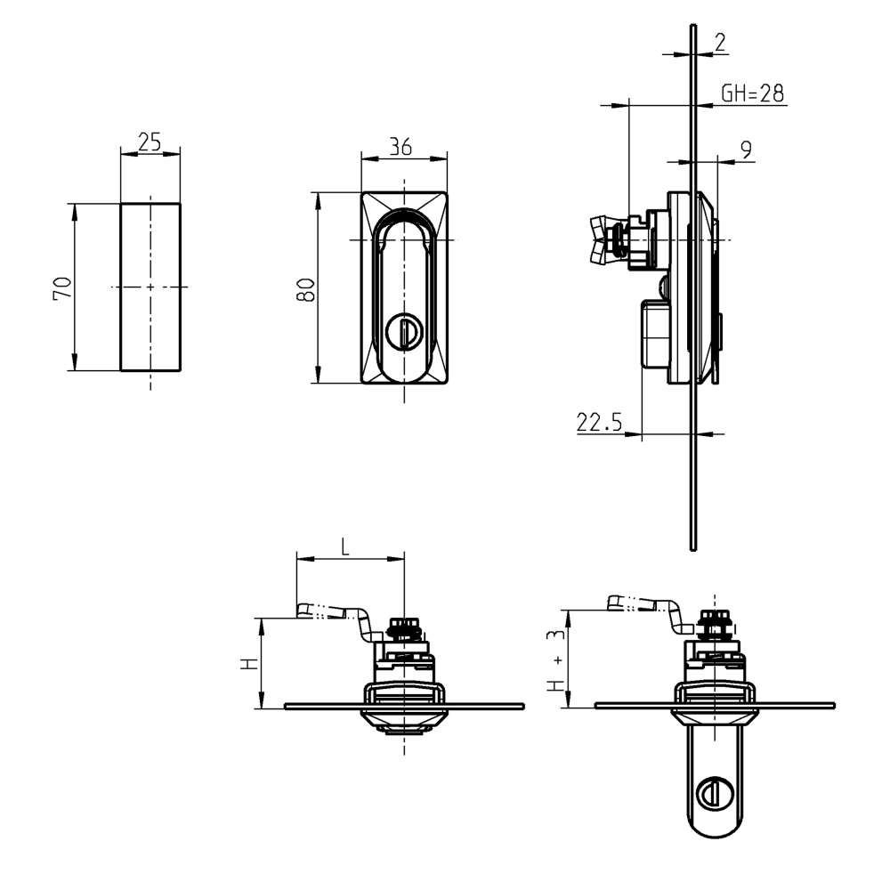 Swinghandle, glass fiber reinforced polyamide, push button, L=80, B=36, H=9, Plate thickness=1-3