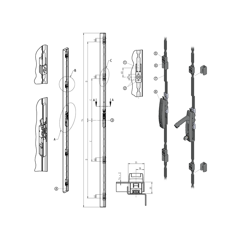 Lifthandle complete set, glass fiber reinforced polyamide, cylinder lock, L=180, B=32, H=19, Plate thickness=2-2