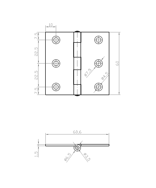 Butt hinge w/holes, stainless steel, L=60, B=60,6, T=1,5