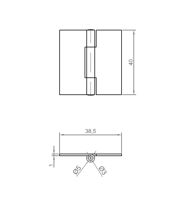 Butt hinge w/o holes, acid proof stainless steel, L=40, B=38,5, T=1