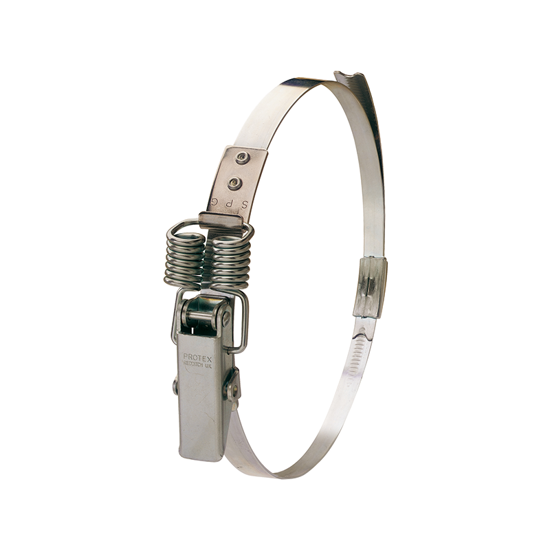 Complete hose clamp, electro zinc plated steel, Diameter range: 70-115mm, T= 1mm, spring claw