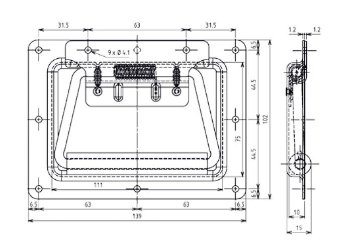 Flip handles, steel, spring-loaded, recessed, H= 102 mm, B= 139 mm