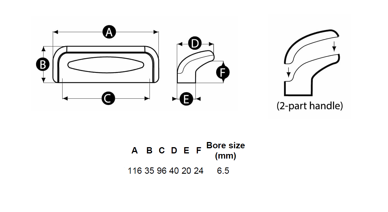 Bridge handle, polyamide, L=116, B=40, H=35
