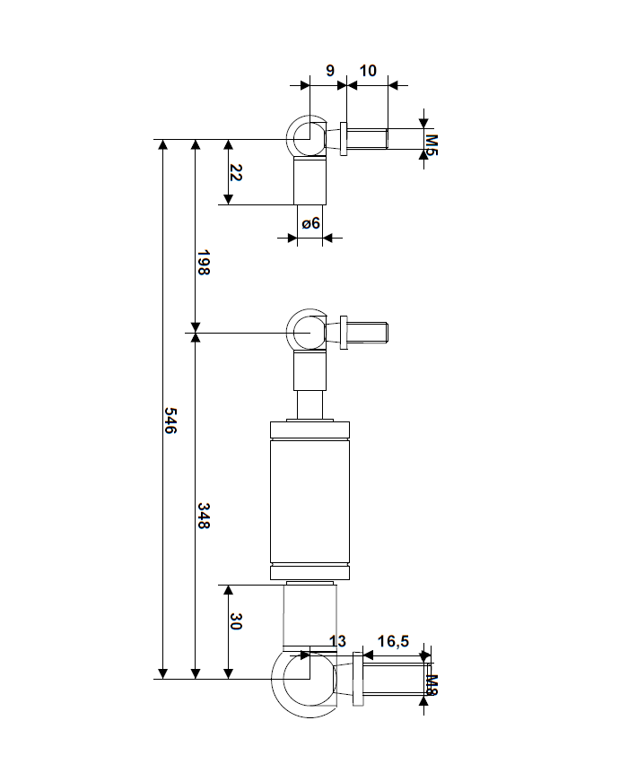 Damper, stainless steel, M5, cylinder diameter = 19 mm, force = 0 N, stroke length = 198 mm