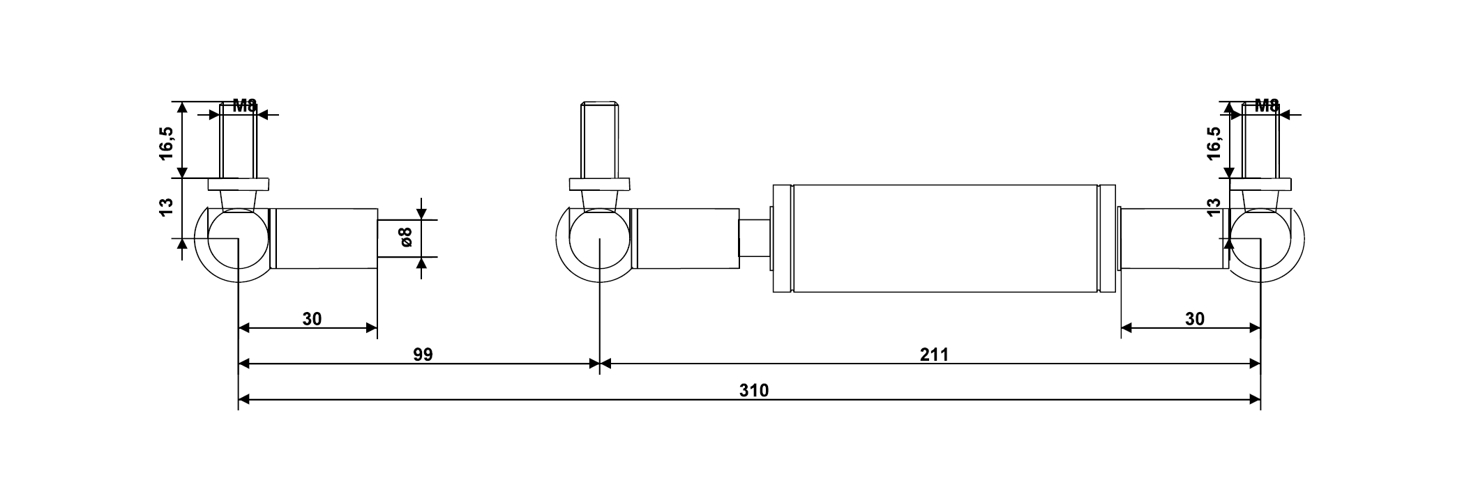 Damper, steel, M8, cylinder diameter = 23 mm, force = 0 N, stroke length = 99 mm