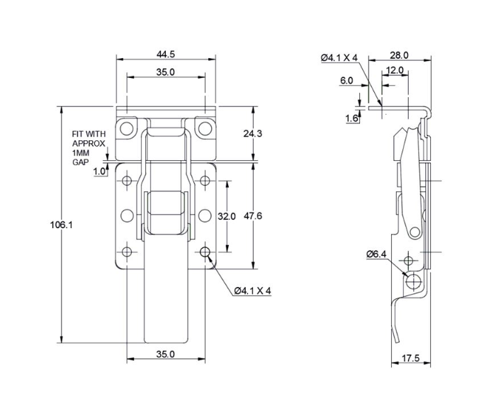 Toggle latch, stainless steel, L=106,1, B=44,5, H=17,5, not adjustable