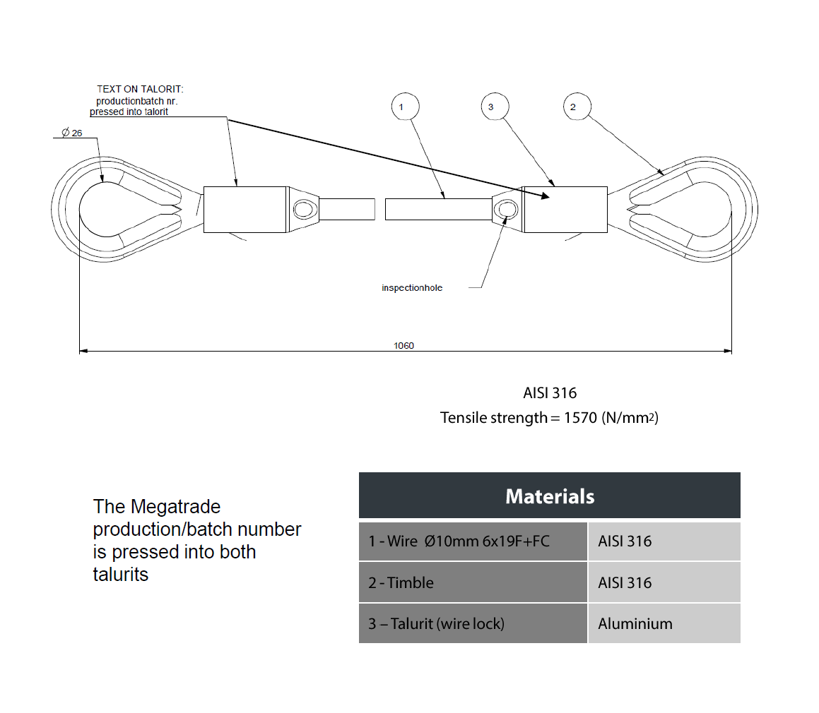 Wire assembly, acid proof stainless steel, diameter = 10mm, L= 1060mm