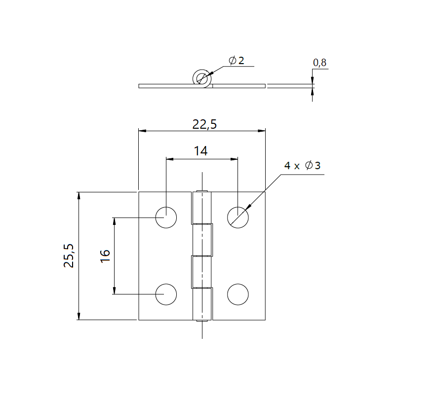 Butt hinge w/holes, steel, L=25,5, B=22,5, T=0,8