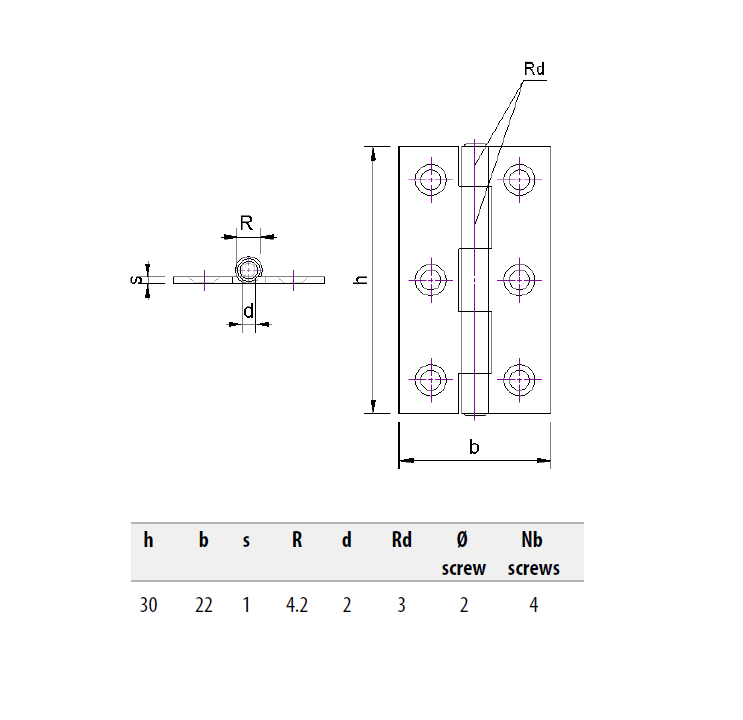 Butt hinge w/holes, stainless steel, L=30, B=22, T=1
