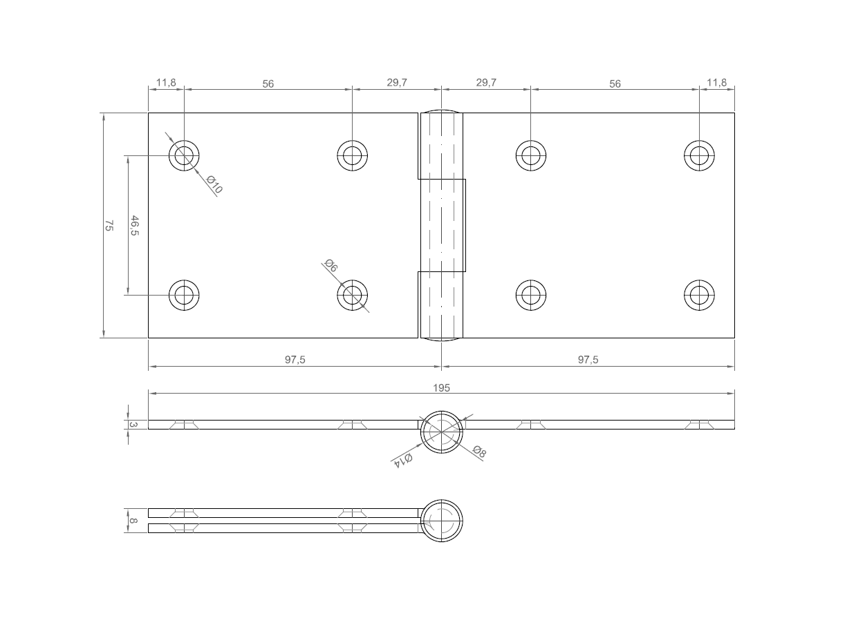 Butt hinge w/holes, acid proof stainless steel, L=75, B=195, T=3