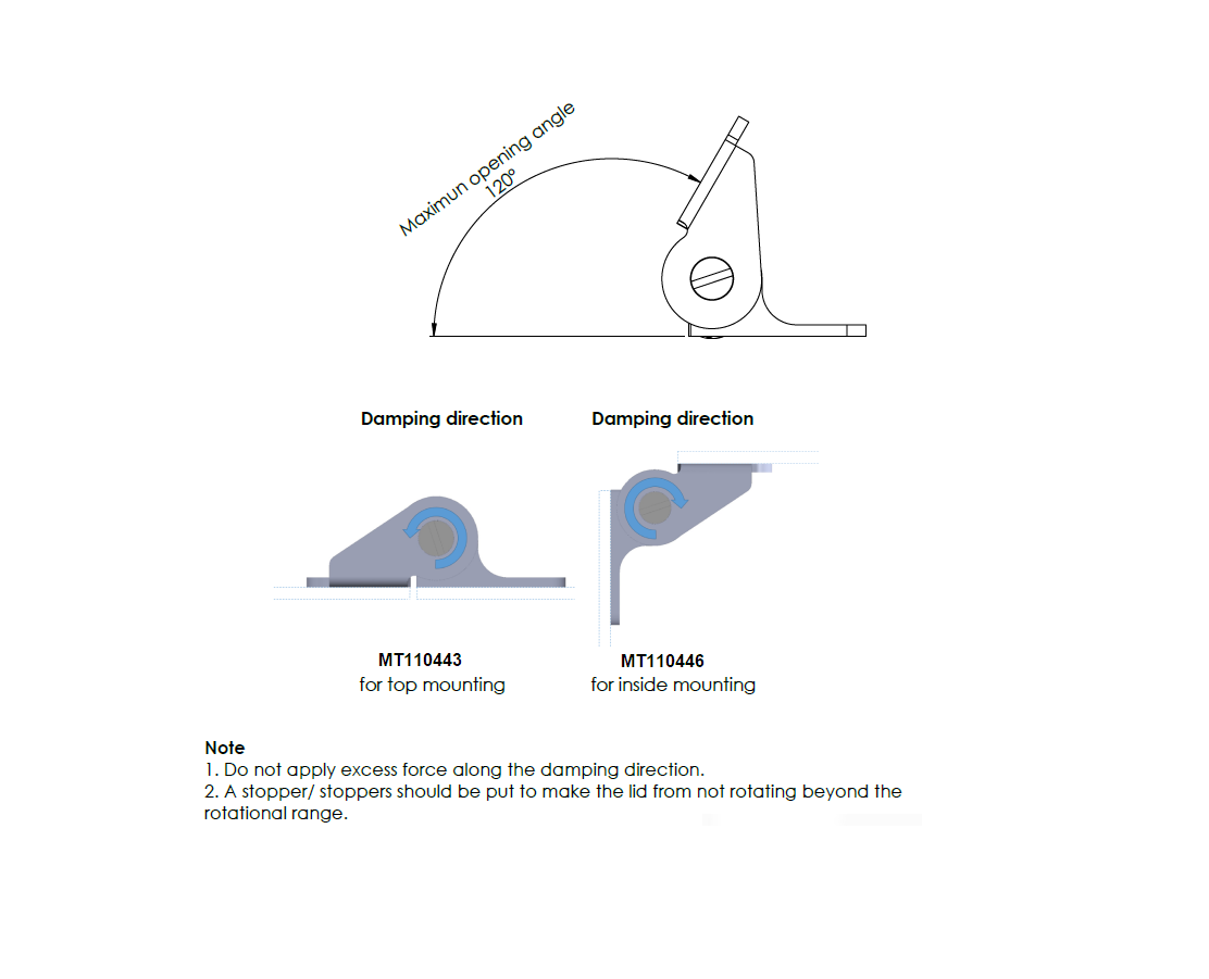Hinge with damping, acid proof stainless steel, inside mounting, torque=15, L=100, B=80