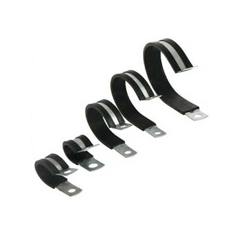Rubber clamp with rubber inlay, steel, electro zinc plated, D=14,3mm, B=12,7mm, hole D=6,4mm, E=21mm