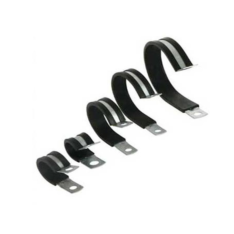 Rubber clamp with rubber inlay, steel, electro zinc plated, D=41mm, B=12,7mm, hole D=6,4mm, E=34mm