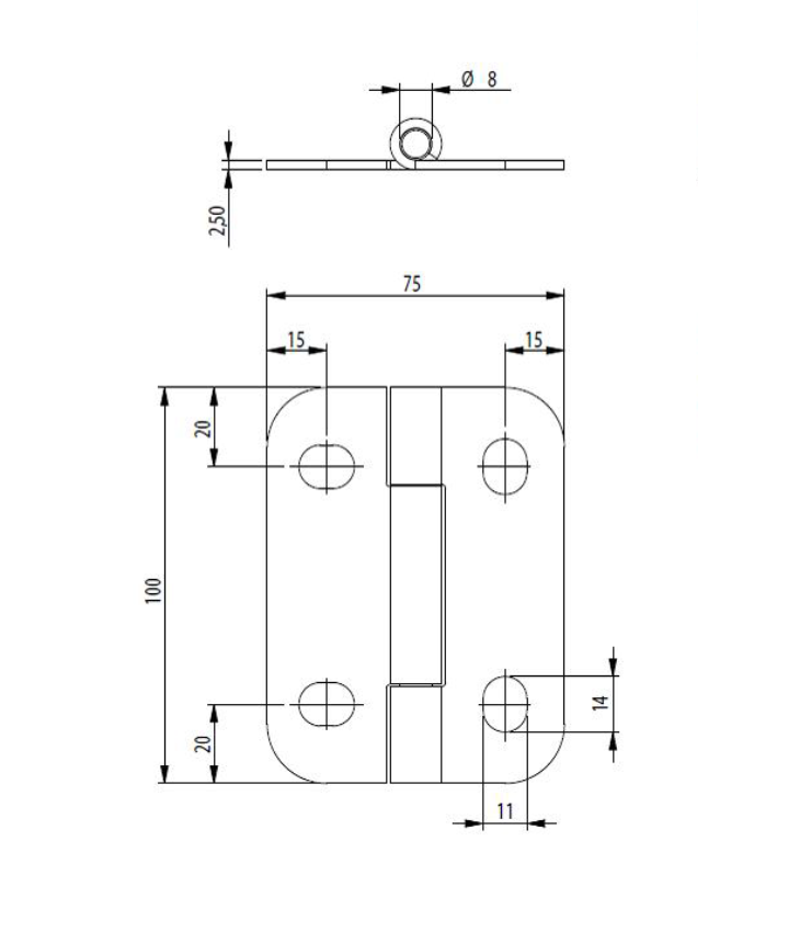 Butt hinge w/holes, stainless steel, L=100, B=75, T=2,5