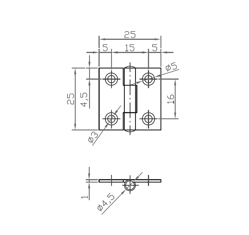 Butt hinge w/holes, steel, L=25, B=25, T=1