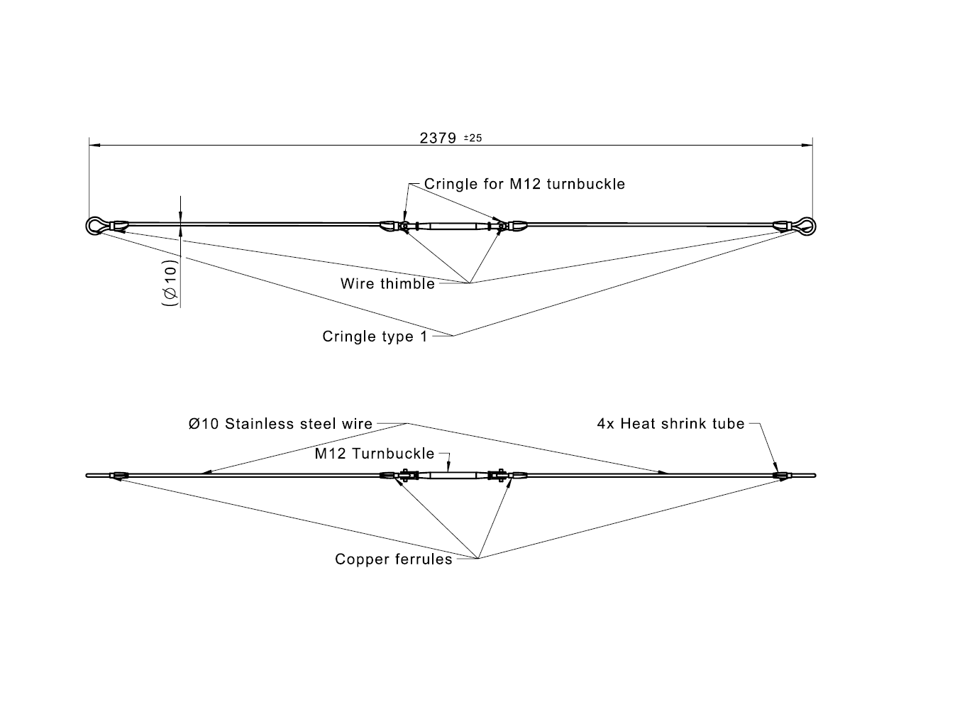 Wire assembly, stainless steel, diameter = 10mm, L= 2379mm