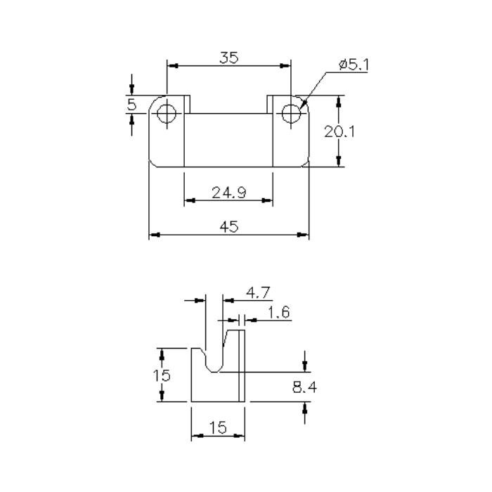 Catch plate, untreated stainless steel, flat mounting, L=20,1mm, B=45mm, H=15mm