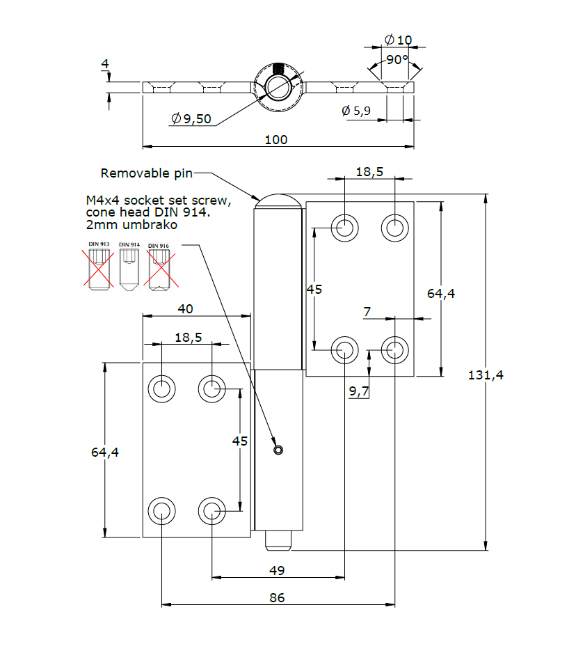 Butt hinge w/holes, steel, L=131,4, B=100, T=4