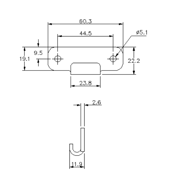 Catch plate, untreated stainless steel, flat mounting, L=22,2mm, B=60,3mm, H=11,9mm