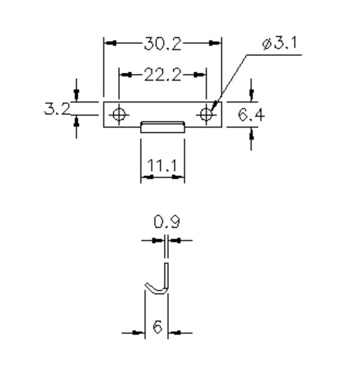 Catch plate, electro zinc plated steel, flat mounting, L=7,5mm, B=30,2mm, H=6mm