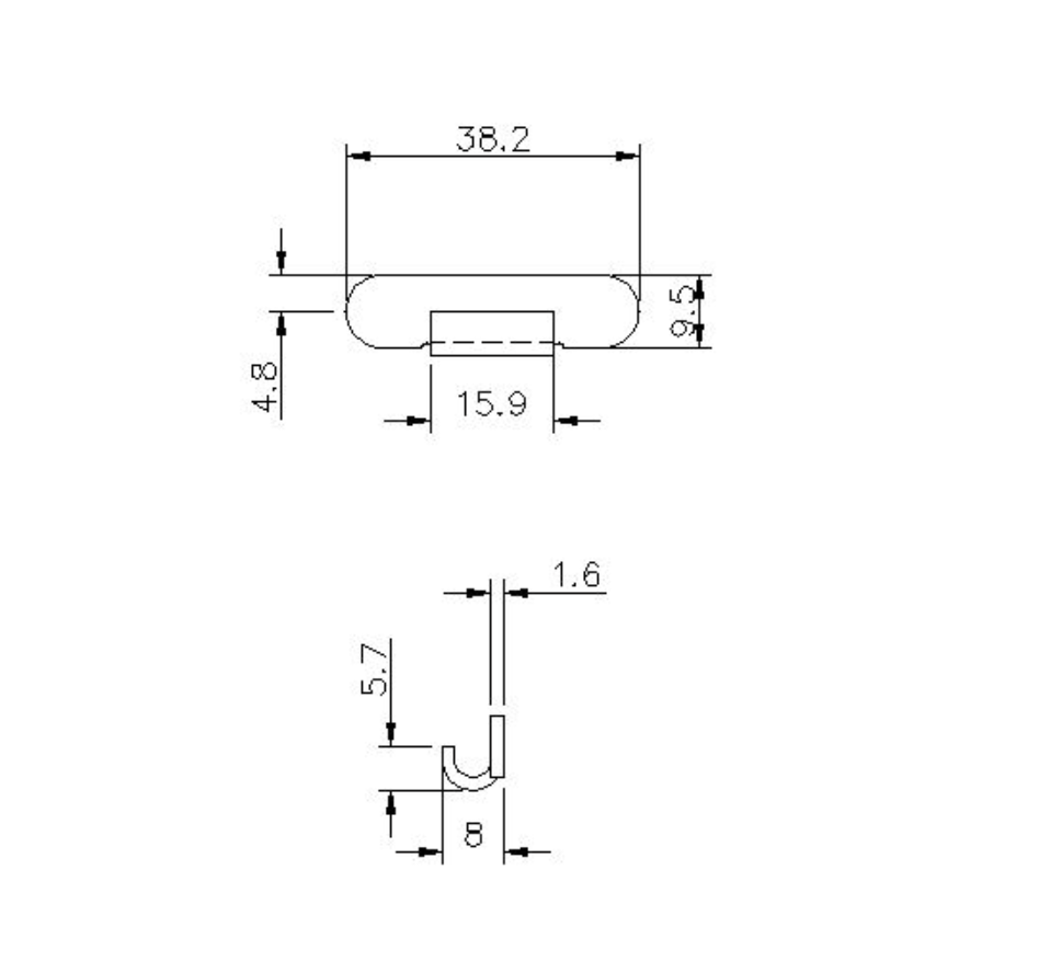 Catch plate, untreated steel, flat mounting, L=10,5mm, B=38,2mm, H=8mm