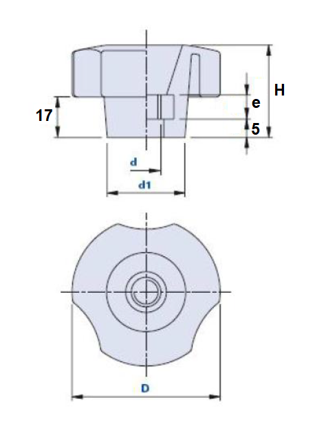 Star Knob, glass fiber reinforced polyamide, through thread M12, D=60 mm, H=38mm