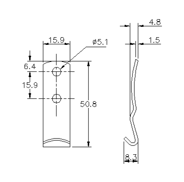 Catch plate, electro zinc plated steel, flat mounting, L=50,8mm, B=15,9mm, H=8,3mm