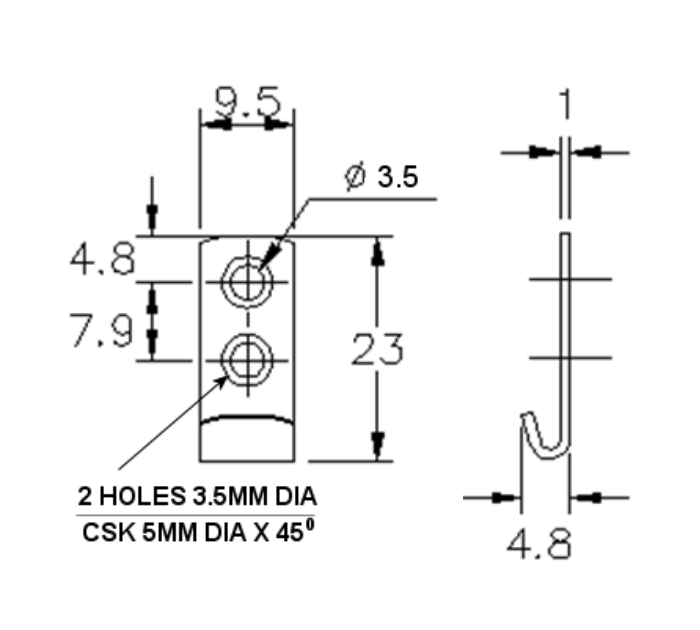 Catch plate, untreated stainless steel, flat mounting, L=23mm, B=9,5mm, H=4,8mm