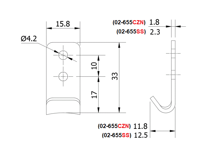 Catch plate, ubehandlet stainless steel, flat mounting, L=33mm, B=15,8mm, H=12,5mm