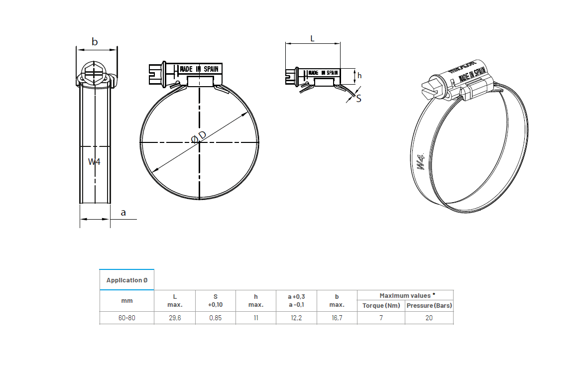 Complete hose clamp, stainless steel, Diameter range: 60-80mm, T= 0,85mm, torque= 7Nm, Load class= Medium
