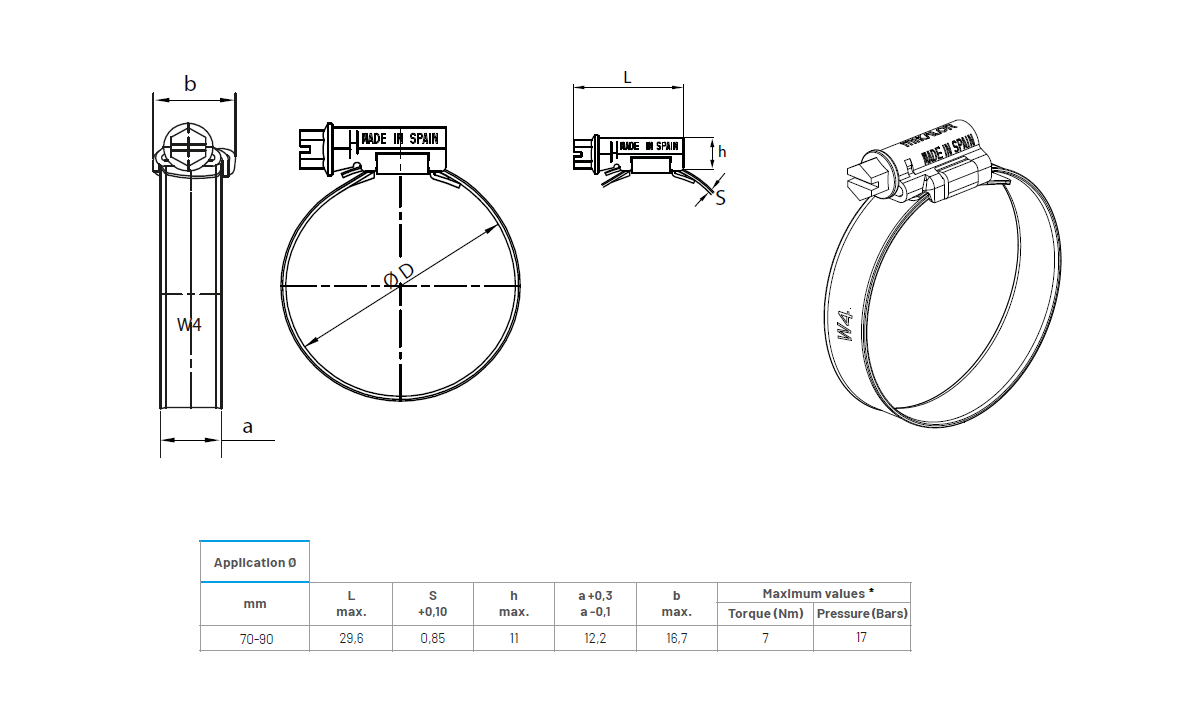 Complete hose clamp, stainless steel, Diameter range: 70-90mm, T= 0,85mm, torque= 7Nm, Load class= Medium