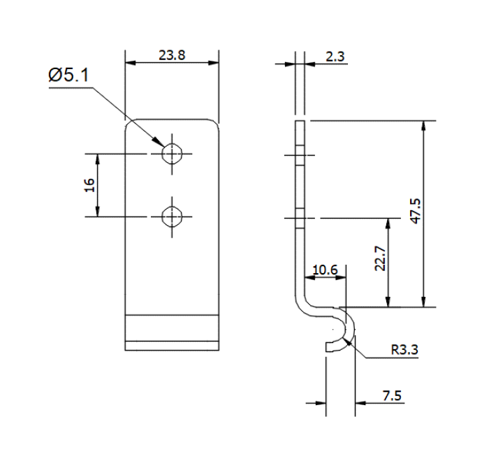 Catch plate, ubehandlet stainless steel, angle mounting, L=58,7mm, B=23,8mm, H=15,2mm