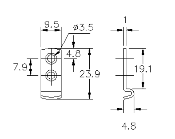 Catch plate, electro zinc plated steel, angle mounting, L=23,9mm, B=9,8mm, H=4,8mm