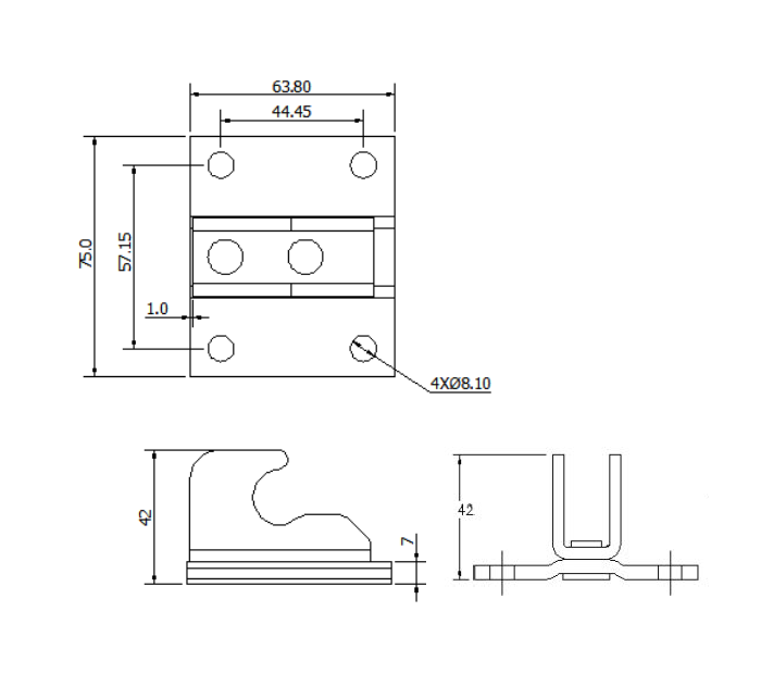 Catch plate, ubehandlet stainless steel, flat mounting, L=63,8mm, B=75mm, H=42mm