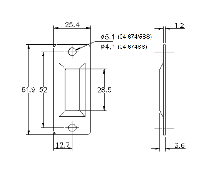 Catch plate, ubehandlet stainless steel, to use w/butterfly latch, L=25,4mm, B=61,9mm, H=3,6mm