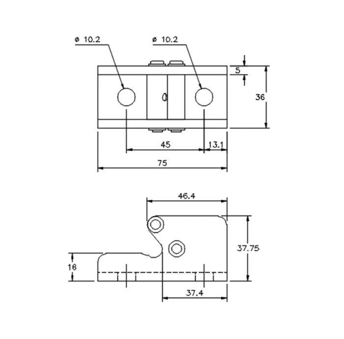 Catch plate, electro zinc plated steel, flat mounting, L=75mm, B=36mm, H=37,8mm